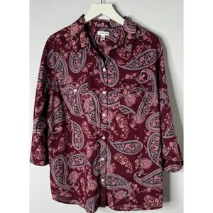 Croft & Barrow Button Down Top 3/4 Roll Tab Sleeve Pink Paisley Cotton XXL